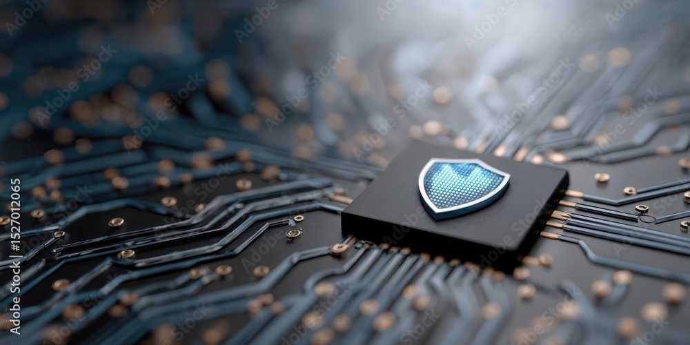 Poster Glowing Shield on Microchip Board, Signifying Cybersecurity and Data Protection for Technology Solutions and Digital Transformation Initiatives : Generative AI