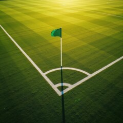 Obraz premium The long shadow of a wind-blown corner flag on a soccer field at sunset. 