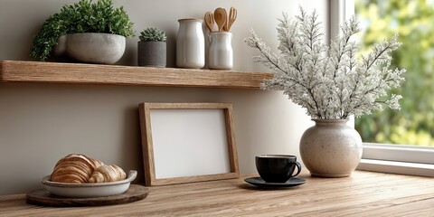 Still Life With Croissants, Coffee, and Blank Frame on Wooden Table, Representing Cozy Morning Routine and Interior Design Inspiration : Generative AI