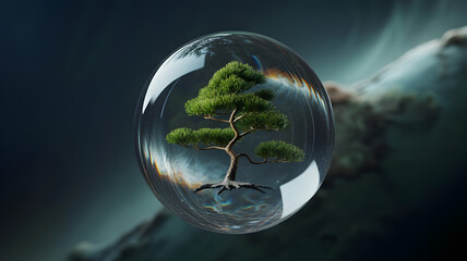 green planet earth. a photograph of a tiny bonsai pine tree