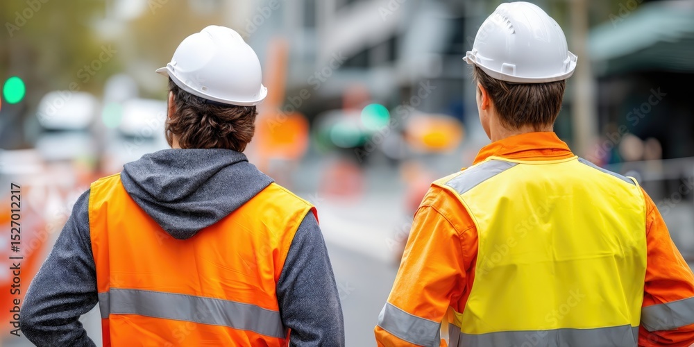 Poster Two Construction Workers in Safety Vests and Hard Hats, Representing Teamwork and Infrastructure Development for Engineering and Urban Planning : Generative AI