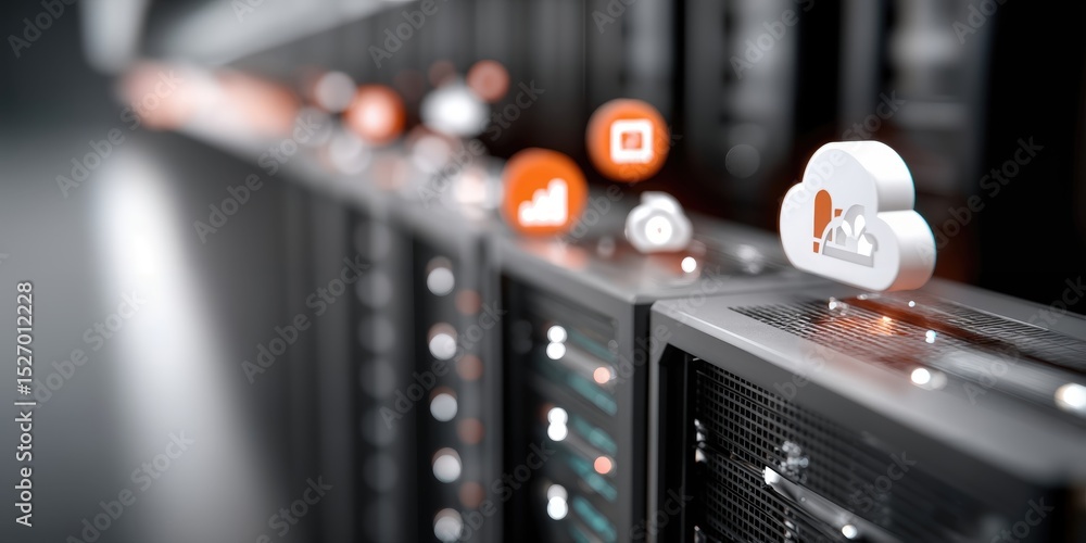 Fototapete Server Racks With Cloud Computing Icons, Representing Data Storage and Digital Transformation in Information Technology Solutions : Generative AI