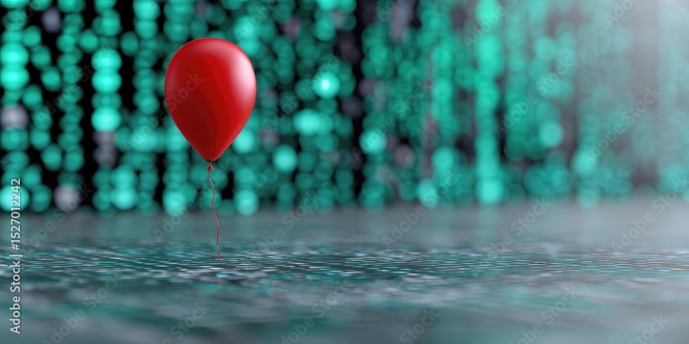 Poster Red Balloon Floating Above Reflective Surface With Blurred Lights, Representing Celebration and Artificial Intelligence : Generative AI