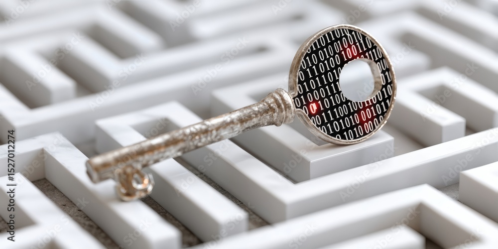 Poster Vintage Key With Binary Code Overlay On Maze, Symbolizing Data Security and Cybersecurity Solutions : Generative AI