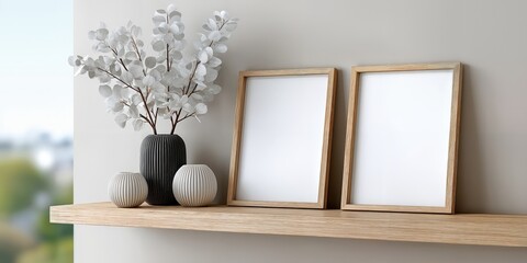 Modern Interior With Two Blank Frames on Shelf, Featuring Minimalist Decor and Home Staging, Perfect for Real Estate and Interior Design Mockups : Generative AI
