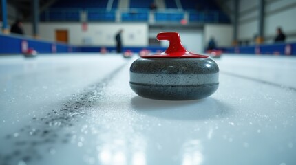 A red curling stone gliding down a sheet of ice towards the target house.
