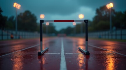 A solitary hurdle on a wet red track at dusk, reflecting stadium lights.
