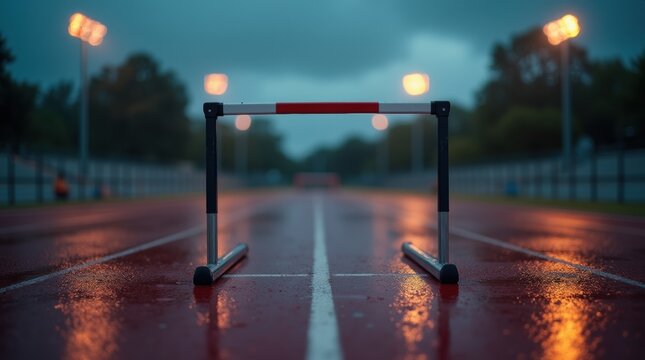 A solitary hurdle on a wet red track at dusk, reflecting stadium lights.
