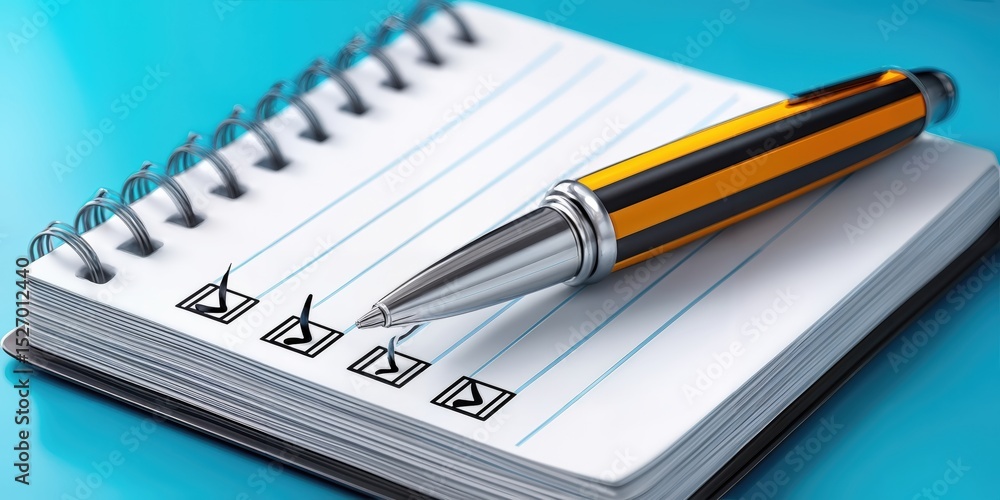 Poster checkmarks on notepad with pen, illustrating project management and task completion for business pro