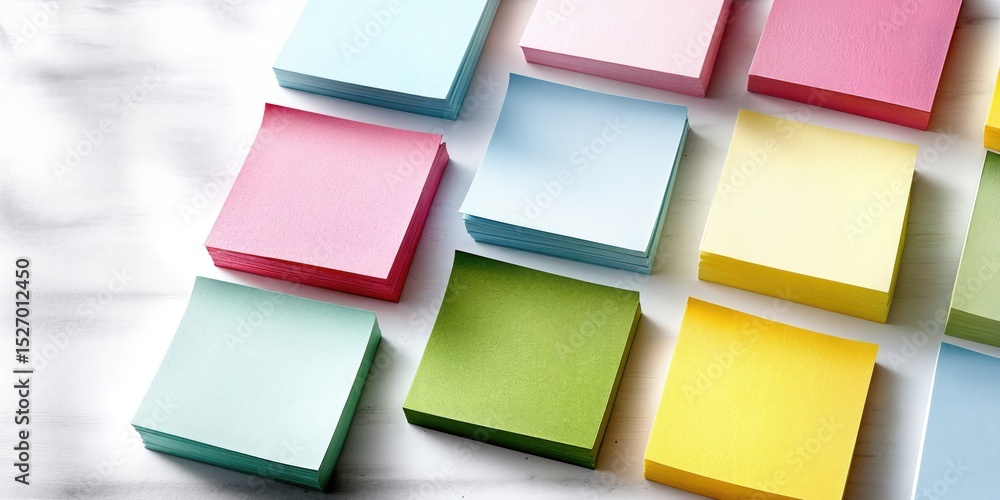 Aufkleber stacks of colorful sticky notes on white surface, illustrating organization and creative brainstormi