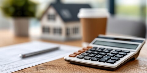 Naklejka na ściany i meble Calculator and Model House on Wooden Desk, Representing Real Estate Finance and Investment Planning, With Coffee Cup in Background : Generative AI
