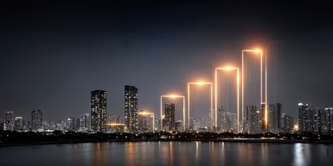 Obraz premium City Skyline at Night With Glowing Bar Chart Overlay, Illustrating Financial Growth and Investment Opportunities in Real Estate : Generative AI