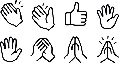 Outlined hand gestures icons representing applause, agreement, approval and gratitude. Clean and expressive vector set for communication themes.