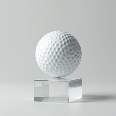 A modern white ball with a minimalist logo on a clear acrylic stand for corporate branding.
