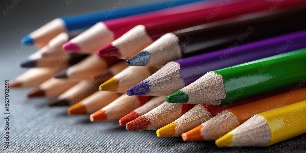 Poster close-up of colorful pencils on gray fabric, symbolizing creativity and artistic expression for educ
