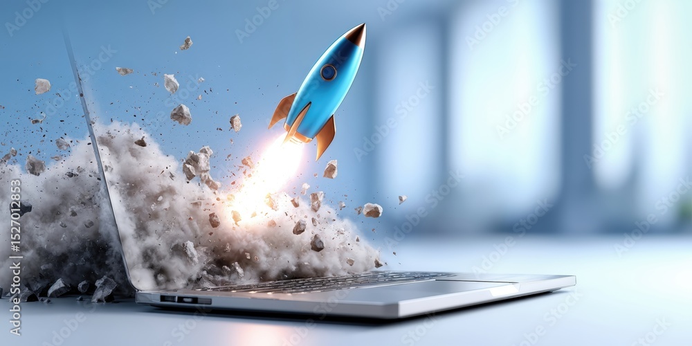 Poster rocket launching from laptop screen with debris, symbolizing business startup and technological inno