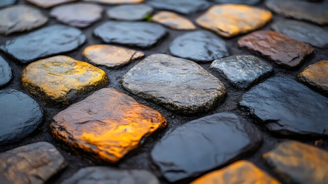 Colorful wet cobblestones form a textured and vibrant pathway, perfect for backgrounds. - Powered by Adobe
