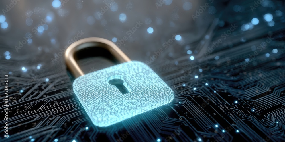 Poster Glowing Padlock on Circuit Board, Representing Cybersecurity and Data Protection for Business Continuity and Digital Transformation in the Modern Age : Generative AI