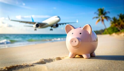 Piggy bank on beach with airplane