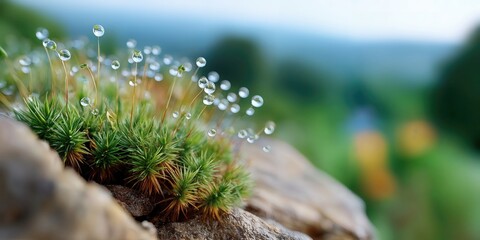 Moss Covered in Dew Drops on Rock, Symbolizing Environmental Awareness and Sustainable Practices in Nature Photography : Generative AI