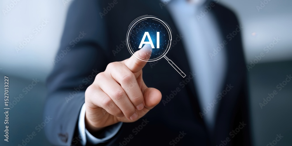 Poster businessman examining ai with magnifying glass, representing innovation and technological advancemen