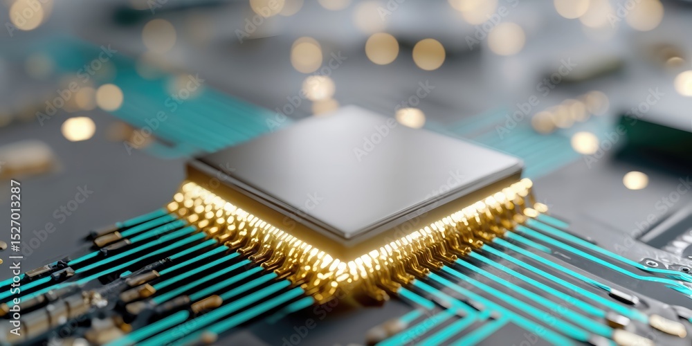 Leinwandbilder Macro Shot of a Glowing Microchip and Circuit Board, Illustrating Digital Transformation and Technological Advancement in Modern Computing : Generative AI