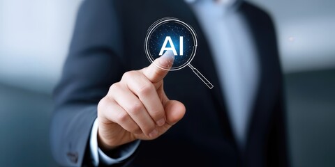 Businessman Examining AI With Magnifying Glass, Representing Innovation and Technological Advancement in Business Strategy and Digital Transformation : Generative AI