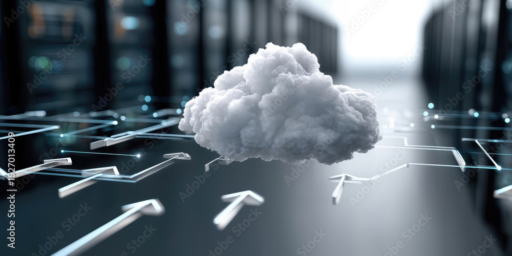 Fototapete Fluffy Cloud Hovering Over Server Room With Arrows, Illustrating Cloud Computing Solutions and Digital Transformation Services : Generative AI