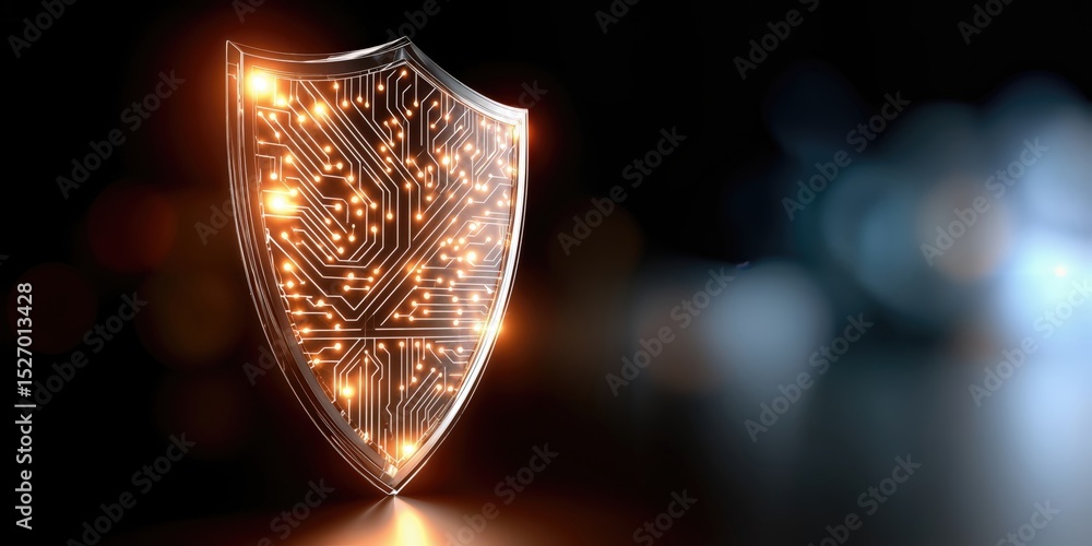Poster Glowing Cyber Shield With Circuit Board Design Against Dark Background, Representing Cybersecurity and Data Protection Solutions for Your Business : Generative AI