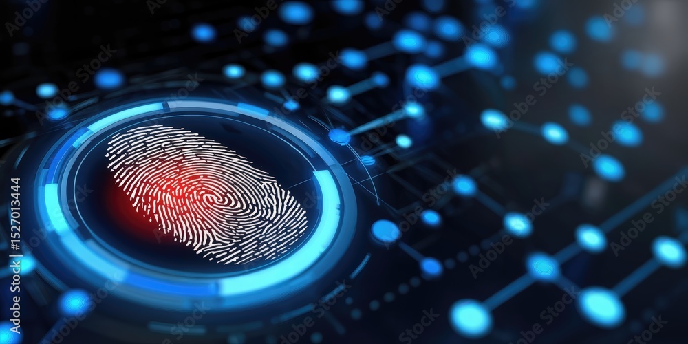 Fototapete Glowing Fingerprint Scan With Connected Network, Representing Biometric Security and Data Protection for Cybersecurity Solutions and Digital Transformation : Generative AI