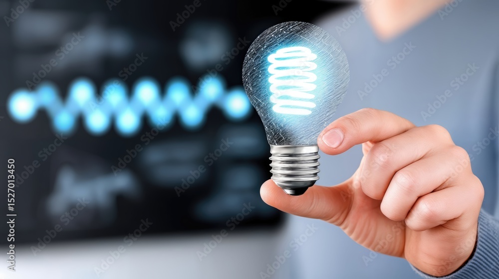 Poster Hand Holding Glowing Lightbulb Against Blurred Background, Symbolizing Innovation and Creative Problem Solving for Business Solutions and Energy Efficiency : Generative AI