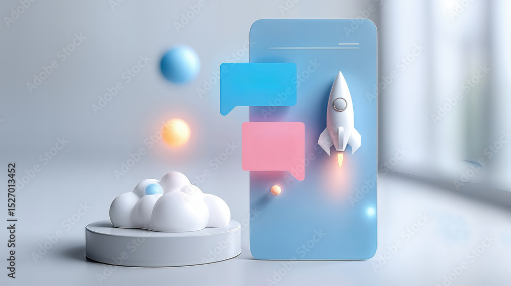 Poster rocket launching from smartphone screen, representing startup success and innovative technology solu