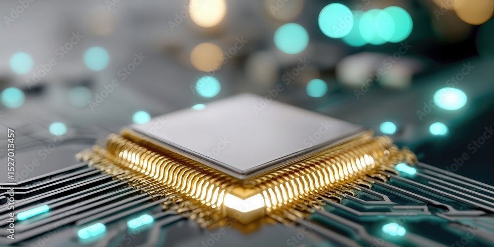 Poster Macro Shot of a Computer Processor with Golden Pins, Illustrating Technological Advancement and Digital Transformation in Modern Computing : Generative AI