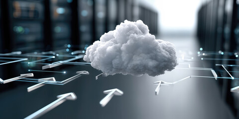 Fluffy Cloud Hovering Over Server Room With Arrows, Illustrating Cloud Computing Solutions and Digital Transformation Services : Generative AI