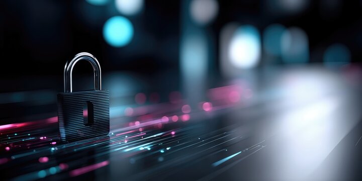 Padlock on Fiber Optic Cables, Representing Cybersecurity and Data Protection for Digital Transformation Initiatives, With a Dark and Futuristic Aesthetic : Generative AI