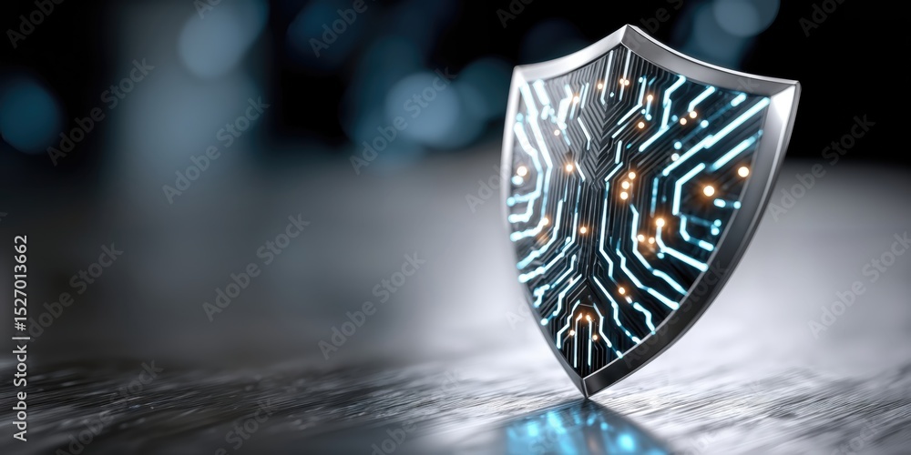 Aufkleber Cyber Security Shield With Glowing Circuit Board Design, Representing Data Protection and Digital Transformation, Set Against a Blurred Background : Generative AI