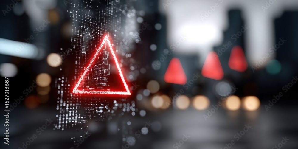 Poster Red Triangle Warning Sign Over Abstract Cityscape, Representing Cybersecurity Threat and Digital Transformation Vulnerability : Generative AI
