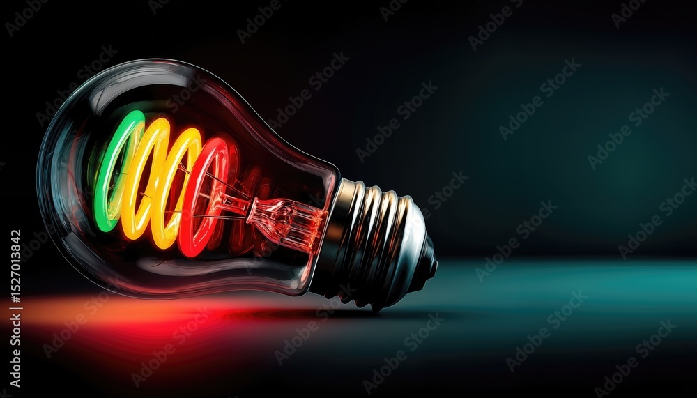 Poster glowing lightbulb with colorful filament on dark surface, symbolizing innovation and bright ideas fo