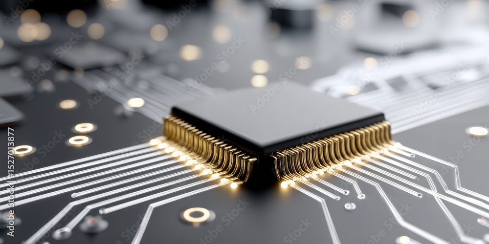 Aufkleber Macro Shot of a Microchip With Glowing Connections, Representing Technological Advancement and Digital Transformation in Modern Computing : Generative AI