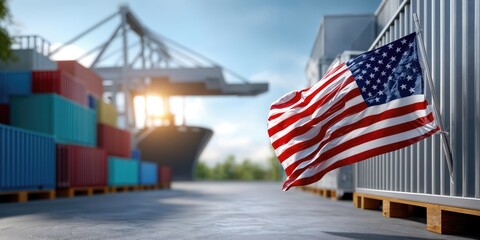 American Flag Waving in Front of Shipping Containers at Port, Illustrating Global Commerce and International Trade : Generative AI