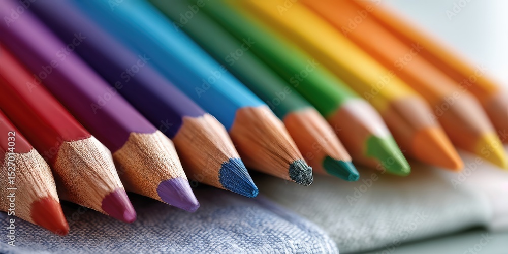 Aufkleber Macro Photo of Rainbow Colored Pencils on Fabric, Symbolizing Creativity and Artistic Expression for Educational Resources and Design Projects : Generative AI