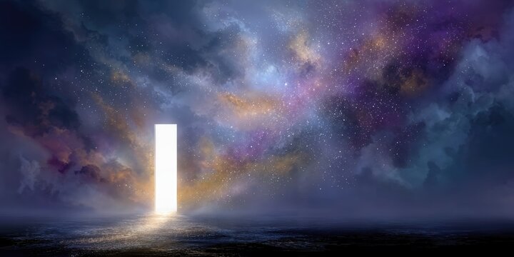 Glowing Doorway in a Dreamlike Starry Sky, Representing New Opportunities and Spiritual Awakening, Ideal for Inspirational Content : Generative AI