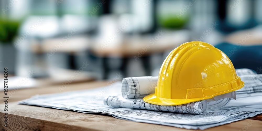 Poster yellow hard hat and blueprints on wooden table, symbolizing construction safety and architectural pl