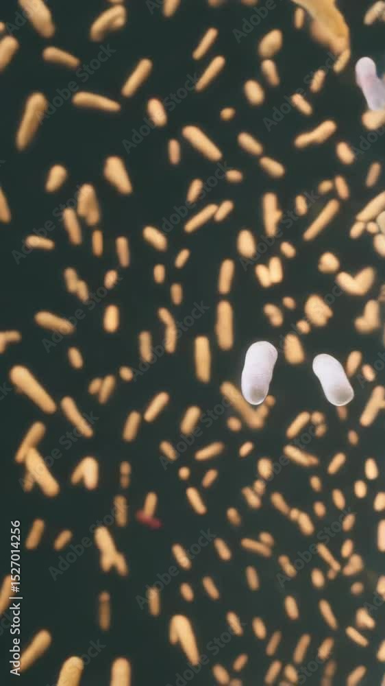 Poster 3d animation of microorganisms moving in a fluid environment, featuring colorful bacterium and cells