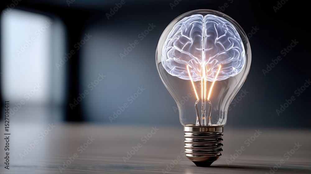 Poster Brain-Shaped Filament Inside a Lightbulb on a Table, Symbolizing Creative Thinking and Innovation in Problem Solving for Business Solutions : Generative AI