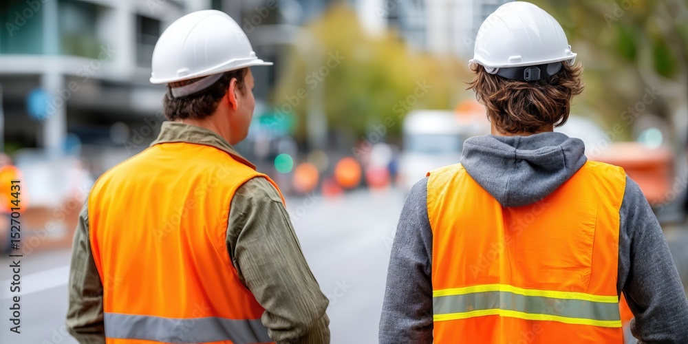 Poster two construction workers walking on a city street, demonstrating teamwork and infrastructure develop