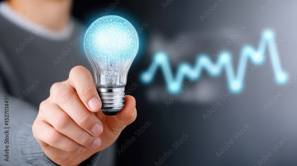 Poster Hand Holding Glowing Light Bulb Against Blurred Graph, Symbolizing Innovation and Data Driven Decision Making for Business Intelligence and Strategic Planning : Generative AI