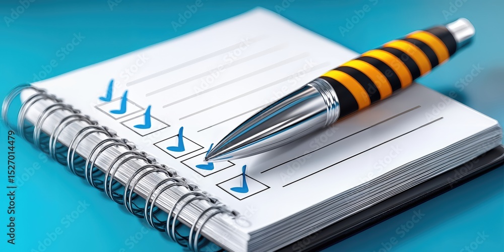 Poster checklist with blue check marks and pen on blue surface, illustrating task management and project co