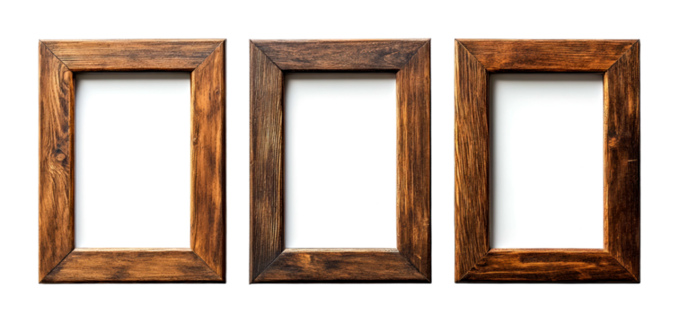 Artistic wooden frames display studio setting natural light close-up view isolated on transparent background