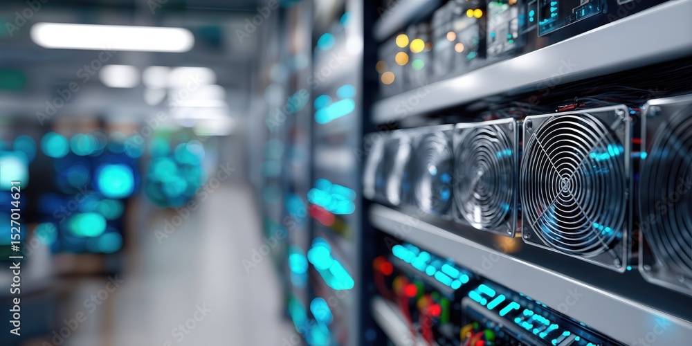 Leinwandbilder Server Room With Rows of Computer Fans and Blinking Lights, Showcasing Data Storage and Digital Transformation Infrastructure : Generative AI
